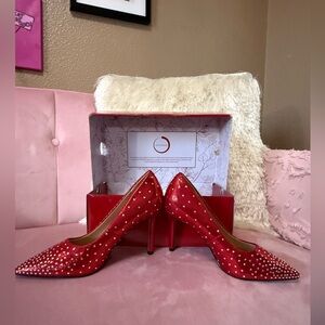 Elegant Red Satin Heels with Rhinestones. Size 8.